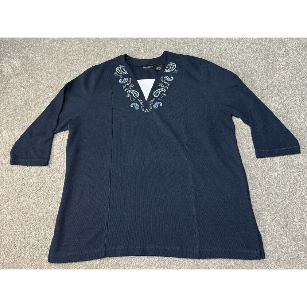 90s Y2K Top Womens Plus Size 2X Ribbed Embroidered Paisley 3/4 Sleeve